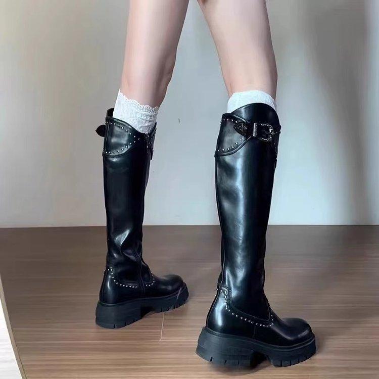 Fashion Women Knee High Boots Square High Heels 2025 Spring Autumn Leather Thick Bottom Fashion Belr Buckle Knight Long Botas Femininos