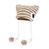 Winter Knitted Hat Cat Ear Design Plush Ball Decor Striped Print Windproof Warm Women Hat Cold Weather Headwear
