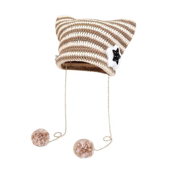 Winter Knitted Hat Cat Ear Design Plush Ball Decor Striped Print Windproof Warm Women Hat Cold Weather Headwear