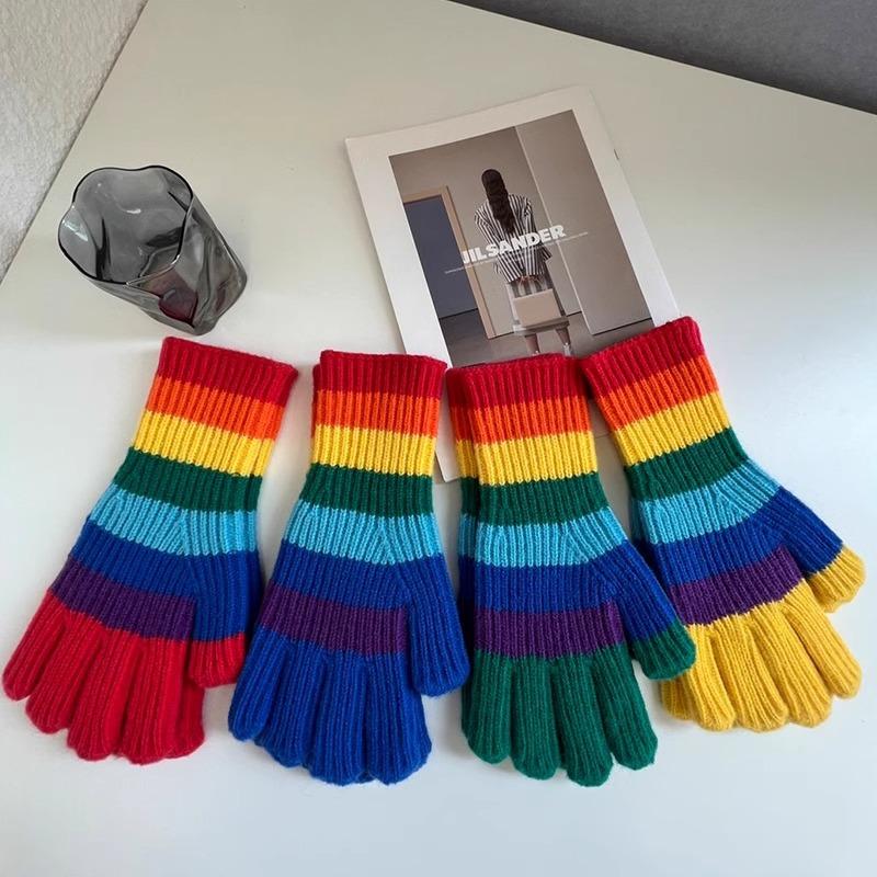 Korean New Rainbow Gloves for Women In Winter Warm Wool Half Finger Gloves American Street Fashion Versatile Cycling Trend