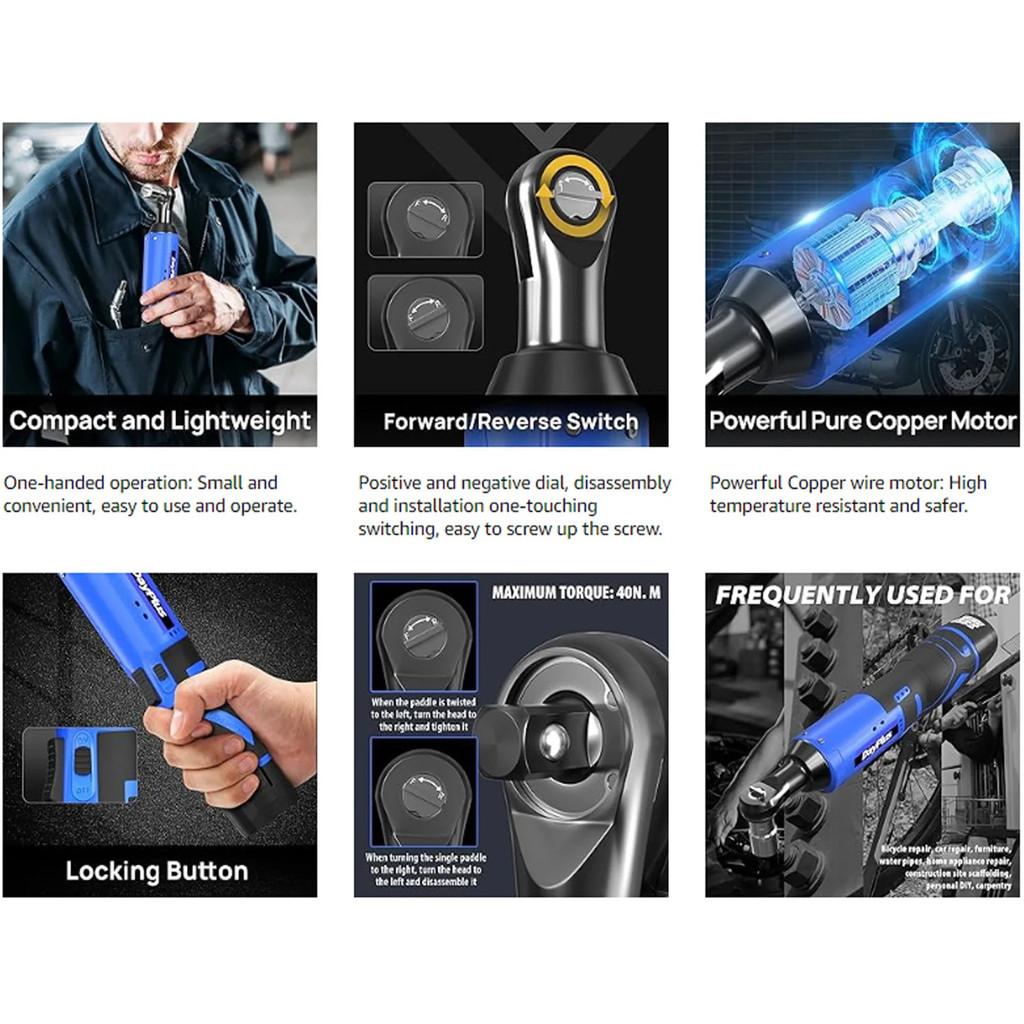 30FT-LBS Torque Cordless Electric Wrench Set Rechargeable 3/8'' 90° Ratchet Angle Wrench Car Bicycle Repairing Power Tool