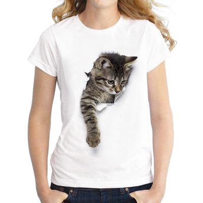 Summer New Cute Cat Printed Casual White T-shirt Women Large Size Short Sleeve Loose Women's T-shirts Elegant Round Neck Slim Simple Tee Tops 26468