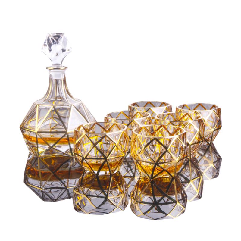 Flavinmci Diamond Golden Crystal Whiskey Decanter & Glasses Set (7-Piece)