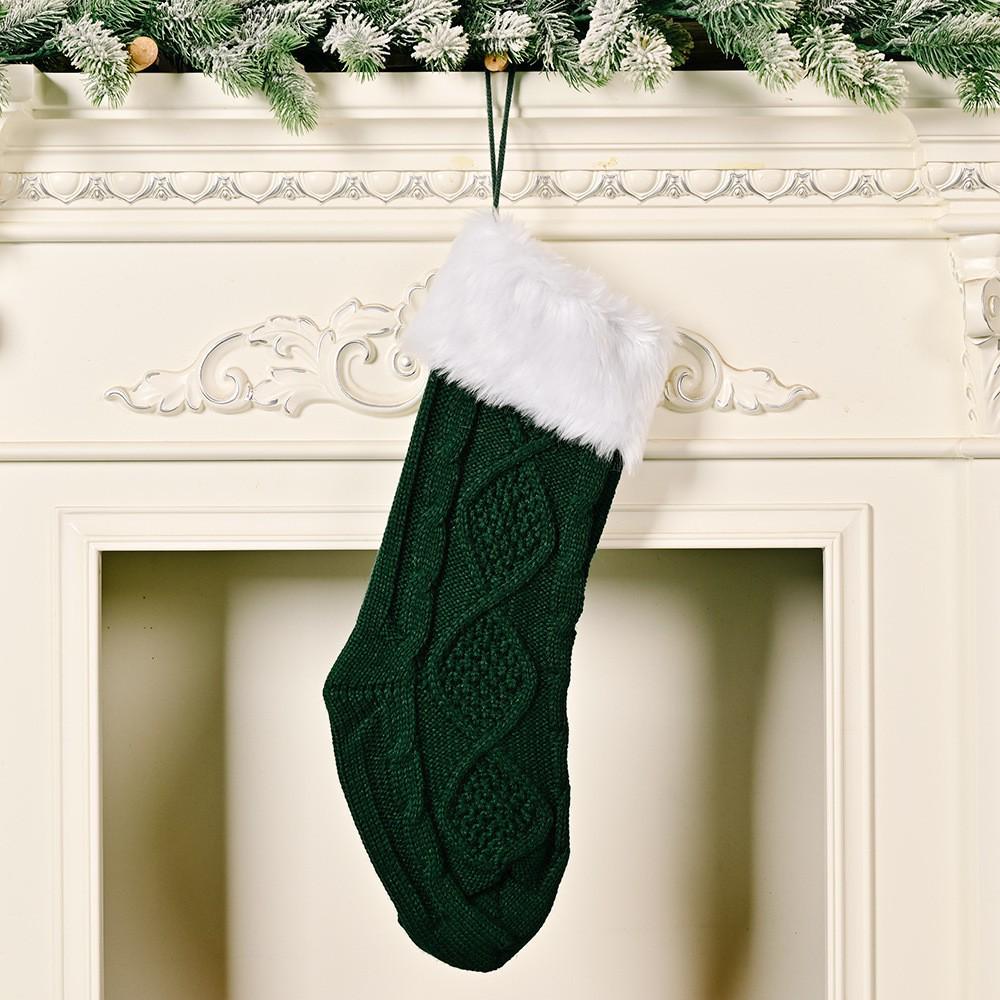 Patchwork Plush Knitted Christmas Stocking Ornament for Festival Gifts зелёный
