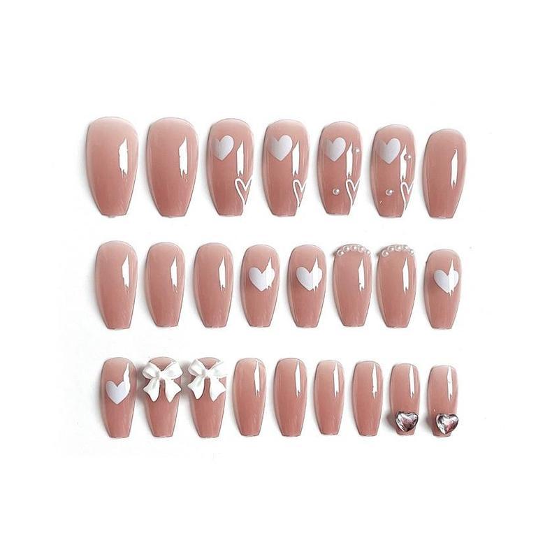 Falsche Nägel mit Schmetterlingsmotiv, Perlenschleife, lange französische künstliche Nägel mit Kleber, vollständige Nagelspitzen für Mädchen, Maniküre, Nagelkunst-Dekoration