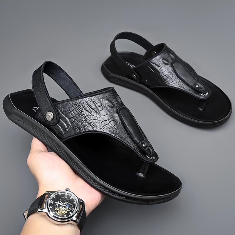 Fashion Outdoor Leather Summer Flip-flops Breath Casual Slip on Flats Dual-Purpose Men Sandals Comfort Slippers Quick Dry Male Half Drag
