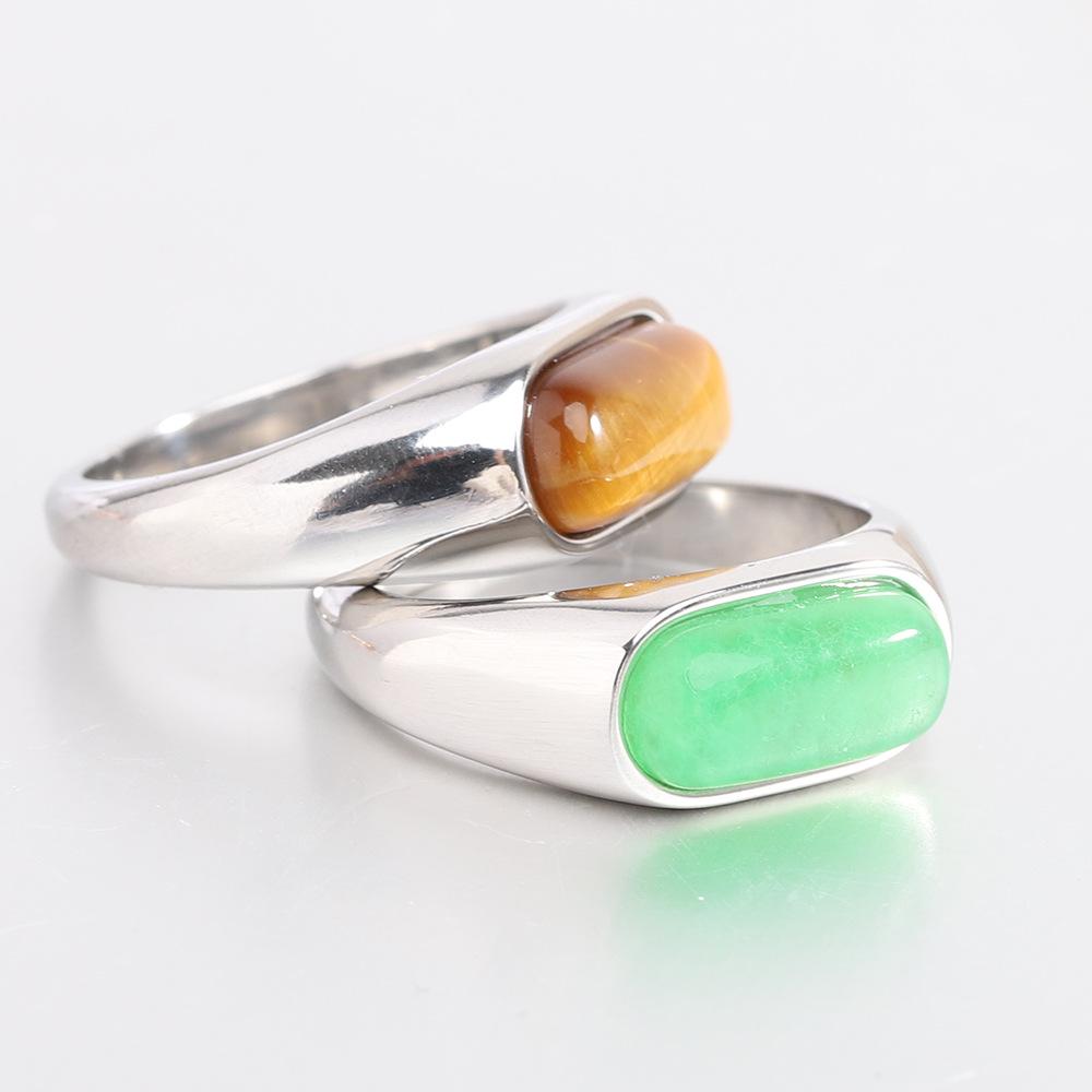 European and American 8MM Stainless Steel Ring with Inlaid Natural Stone - Versatile Retro Fashion Finger Ring
