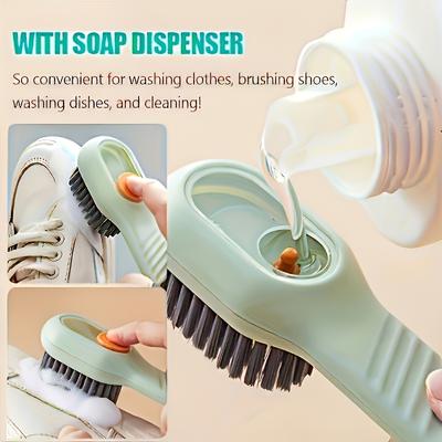 Multi-Function Shoe Brush with Built-In Liquid Dispenser - Soft Bristle, Long Handle, Press-Type Cleaning Tool for Effortless Home Shoe Care
