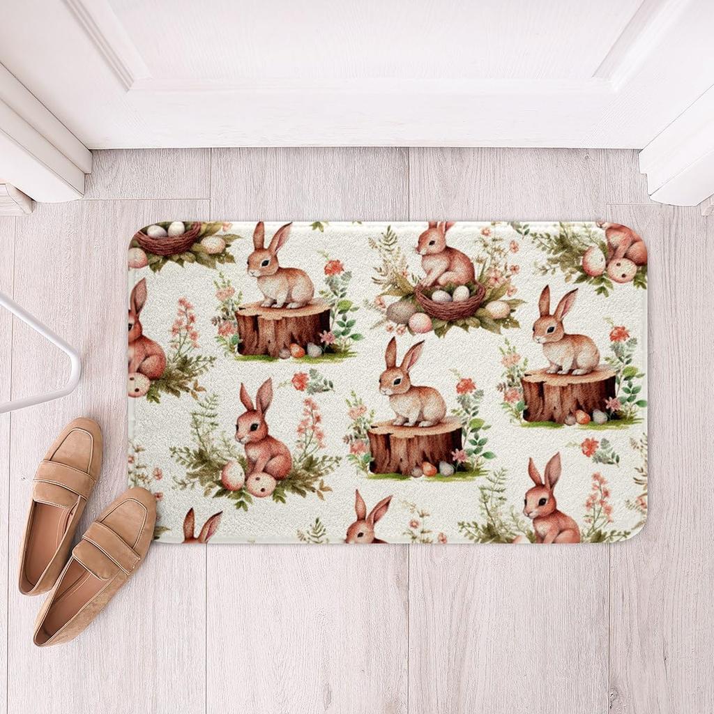 Cute Rabbit Carpet Kawaii Cartoon Bunny Rug for Boys Girls Lovely Animal Easter Rabbit Door Mat Non Slip Spring Flowers Bath Mat