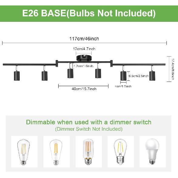 Kimjo 6-Light Track Lighting Fixtures Ceiling, Flush Mount Black Track Light Kit with Rotatable E26 Light Heads, Directional Kitchen Ceiling