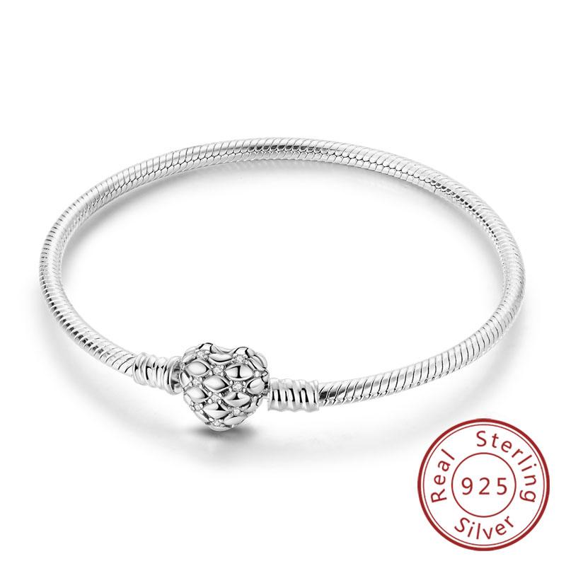 Armband Original 925 Sterling Silver Berlockarmband 17-20CM Kärlekshjärta Pave Zirkonia Armband för Kvinnor DIY Berlock Smycken Gåvor