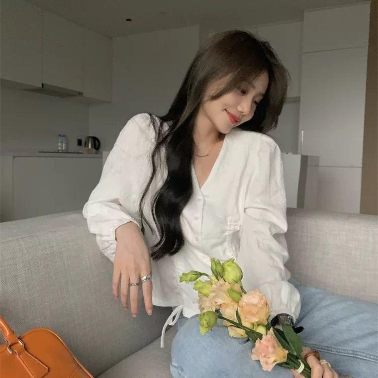 Fashion A-Line Women Blouse V-Neck Drawstring Waist Long Sleeve Shirt Lady Elegant Spring Tops