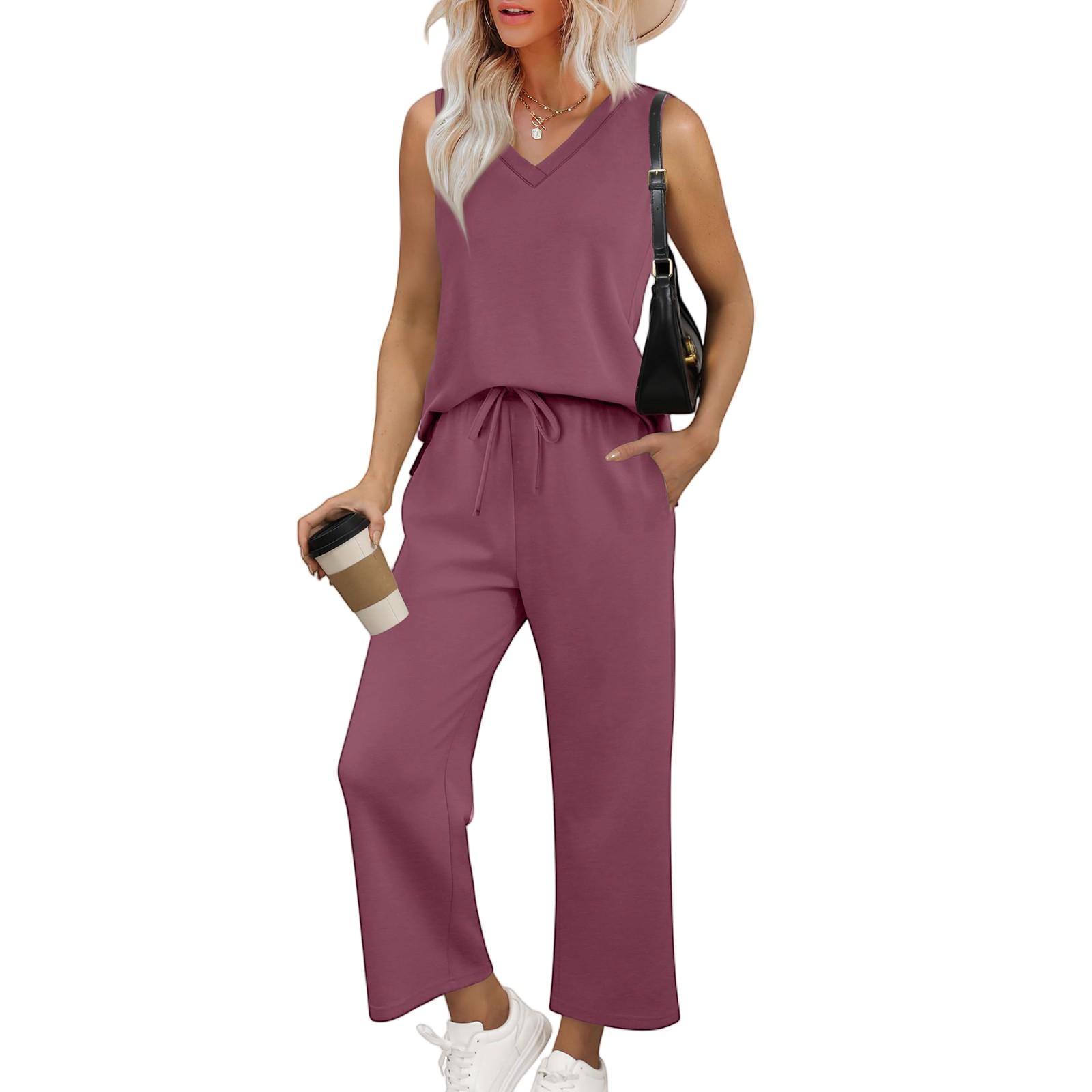 

Женский повседневный модный комплект из свободных широких брюк без рукавов с V-образным вырезом M киноварь