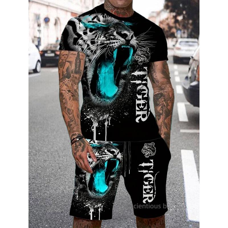 Casual Everyday Short Sleeve+ Shorts 2PCS Set Cool The Lion King 3DPrint T-Shirt +Drawstring Short Set Men's Set Camping