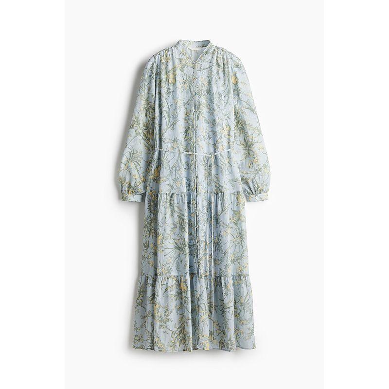 

Женское платье HM 2025 Лето Цветочный шнуровка Рукав-фонарик Складка А-силуэт Принт растений 1219083 Light blue/Florals(Plus size version) 155/80(XS)