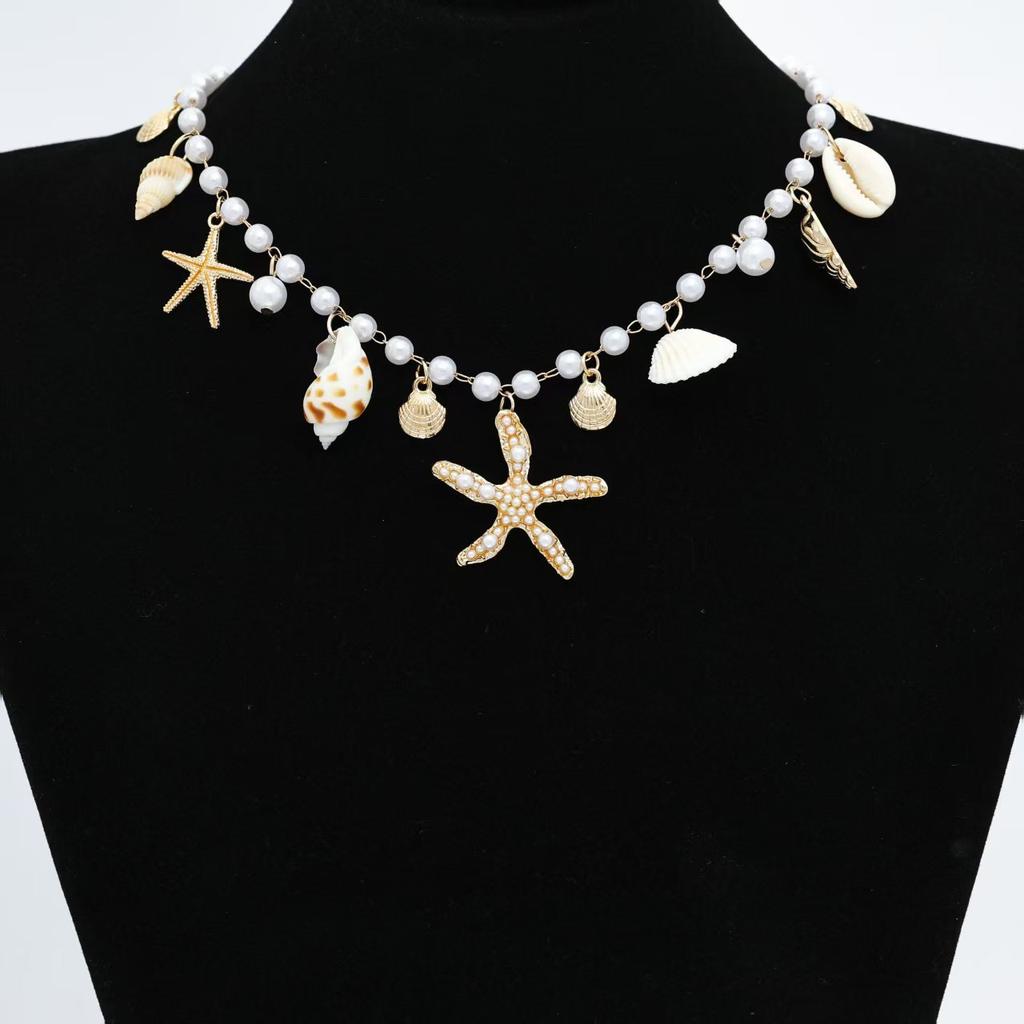 Single-piece beach seashell necklace, faux pearl, starfish, and conch elegant jewelry, suitable for beach vacations and parties.