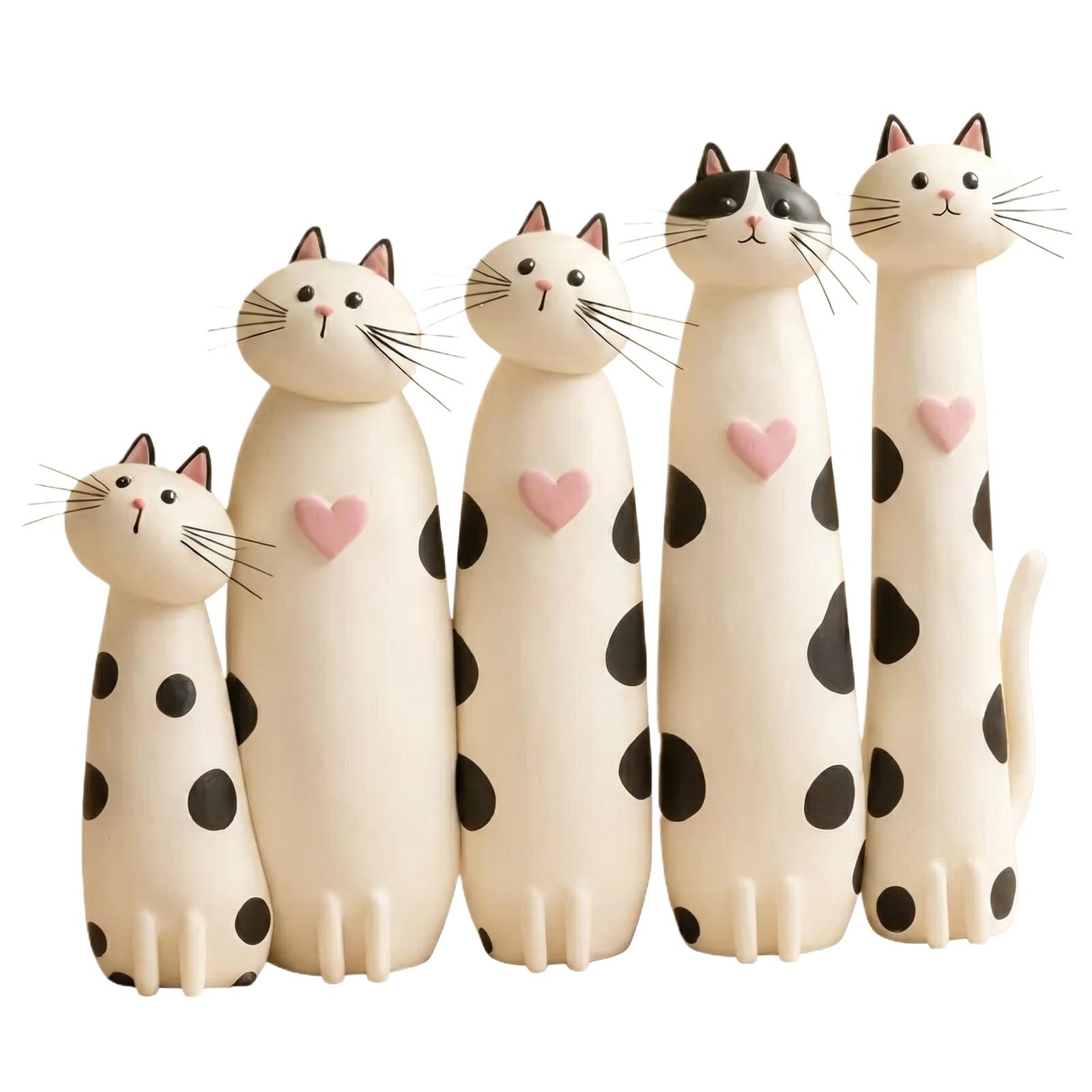 

Handcrafted Ceramic Cat Figurines Set of 5 Decorative Sculptures with Heart Detail Unique Spot Pattern Home Tabletop Ornament One Size