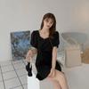 Summer Short Dress Solid Color Square Neck Waist Thin Bubble Sleeve Irregular Pleated Short Sleeve Dress