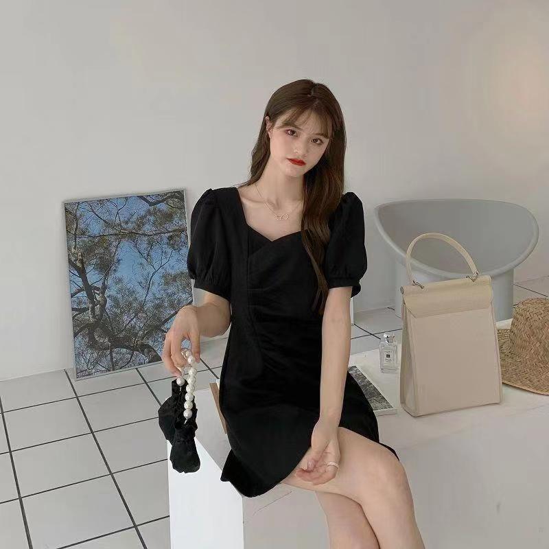 Summer Short Dress Solid Color Square Neck Waist Thin Bubble Sleeve Irregular Pleated Short Sleeve Dress