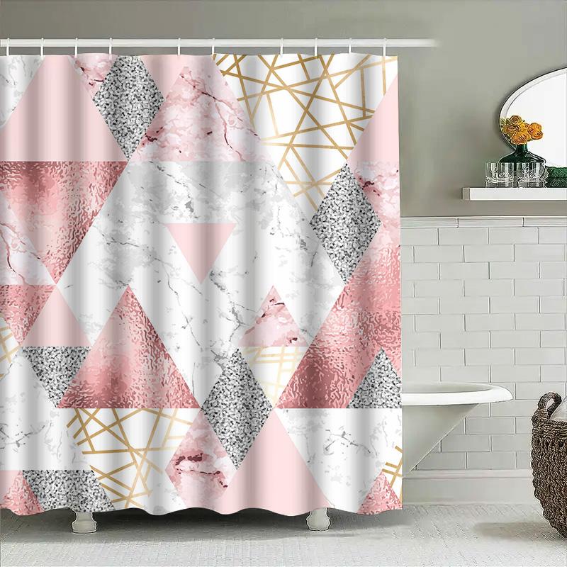 Modern Geometric Triangle Marble Shower Curtain for Bathroom Decor Home Accessories Waterproof Bath Rug Set in Pink White Blac