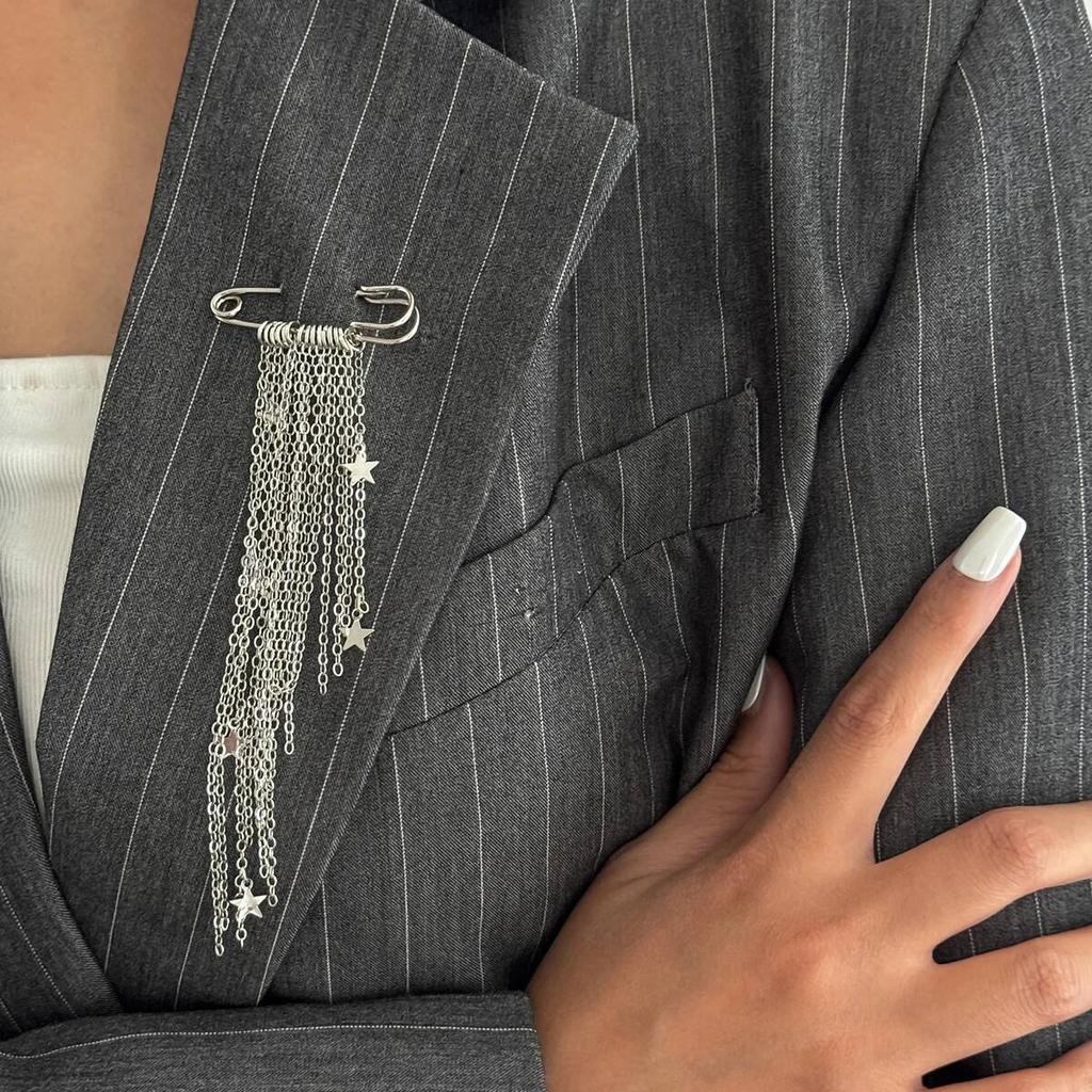 Salircon New Irregular Star Tassel Metal Chain Pendant Tassel Brooch Women Charm Suit Shortened Pins Daily Wear Accessories Gift