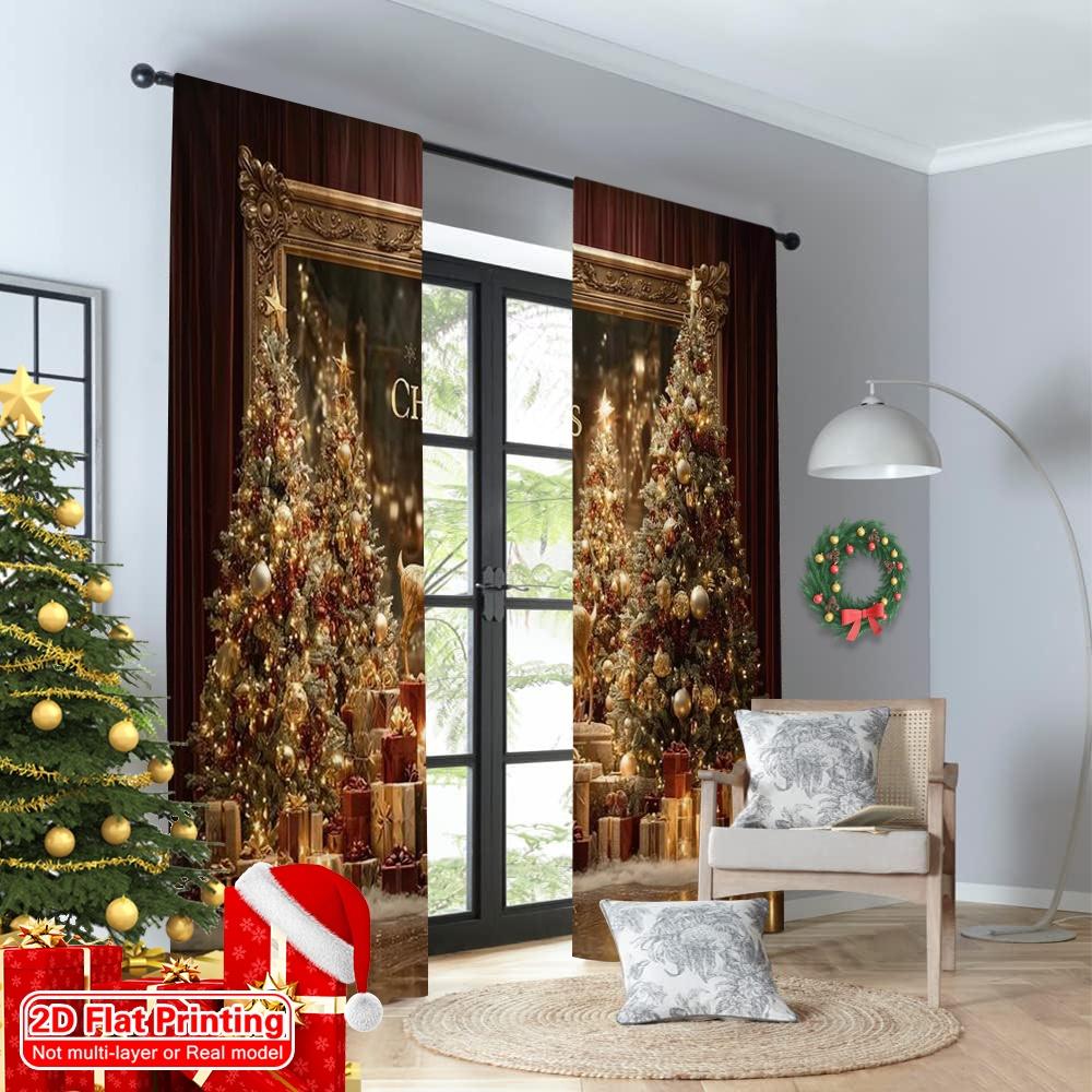 2pcs 2D flat printing Christmas Window Curtains merry christmas11 100% Polyester Without Electricity Spring Perfect for Festive