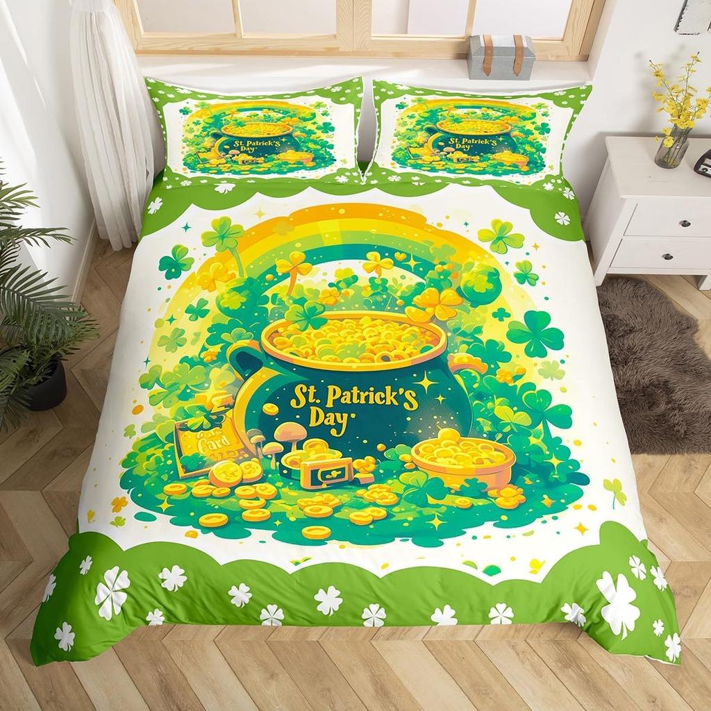 St.Patrick'S Day Duvet Cover Twin Queen Lucky Clover Leaves Bedding Set For Boys Girls Cartoon Comforter Cover With 2 Pillowcase