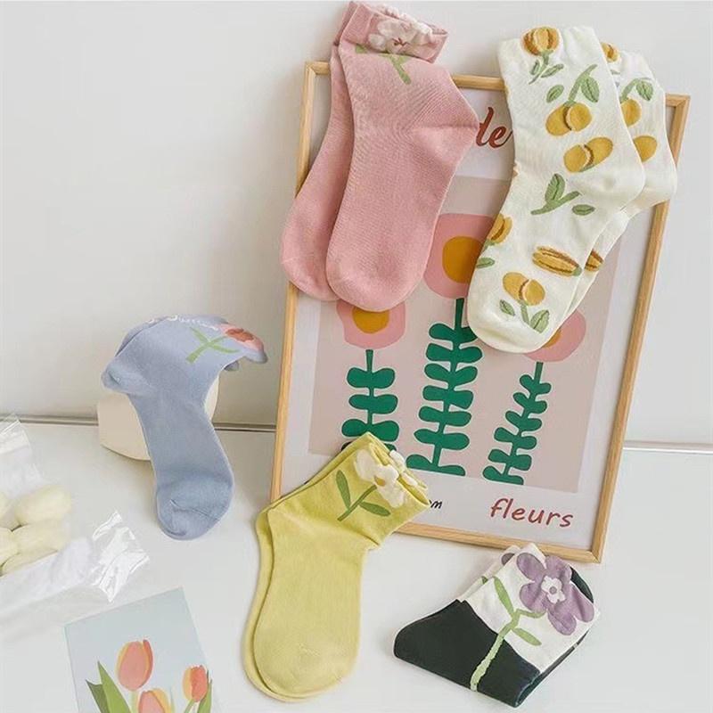 Medias de tubo con tulipanes y flores para mujer, de algodón puro, suaves y cómodas, para otoño e invierno.