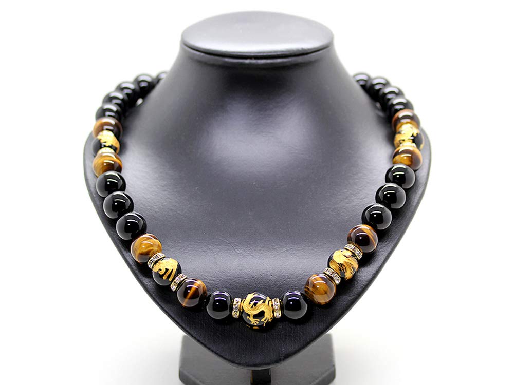 Ishiki 4A Gold Carved Dragon Onyx 20mm Necklace with Natural Tiger Eye Stones (16mm) Good luck with money, career, and wealth. Includes original