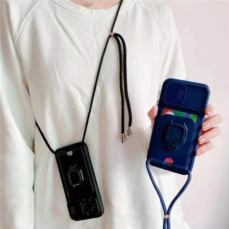 Luxury Soft Silicone Crossbody Necklace Cord Strap Case For Iphone 16 15 14 12 11 Pro Max 16e X XR 7 8 Plus Wallet Card Cover