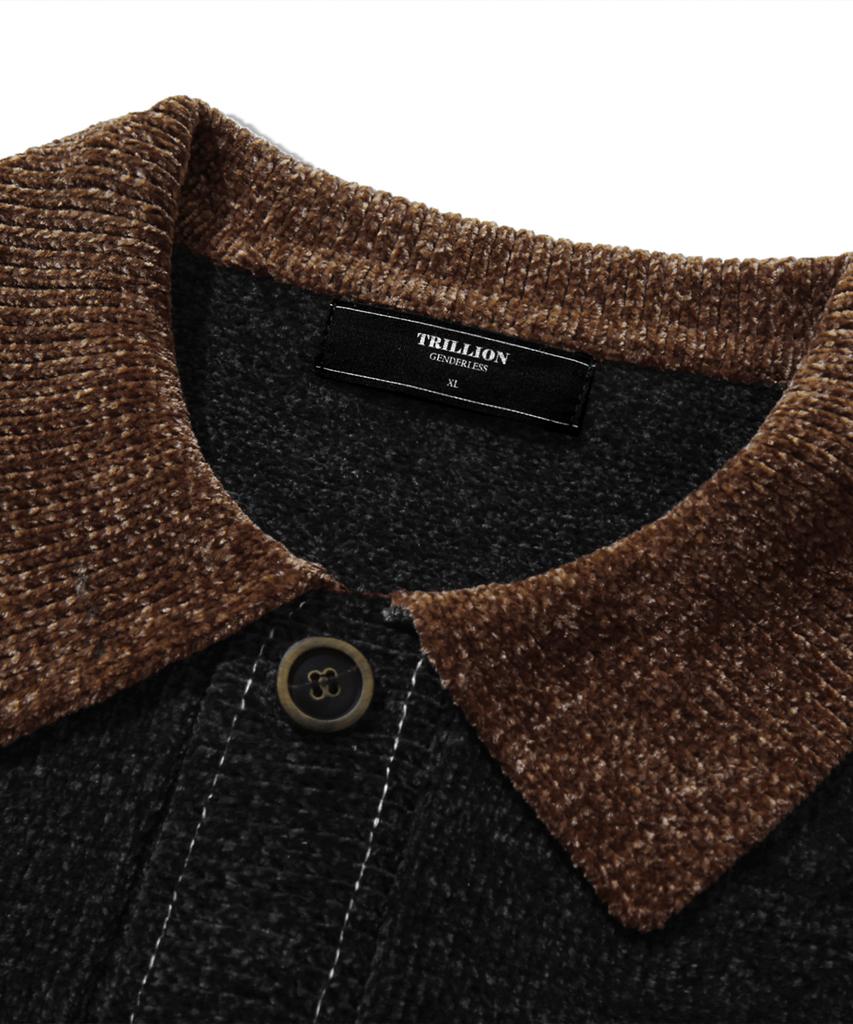 TRILLION Leather Patchwork Velvet Cardigan Knit_Black