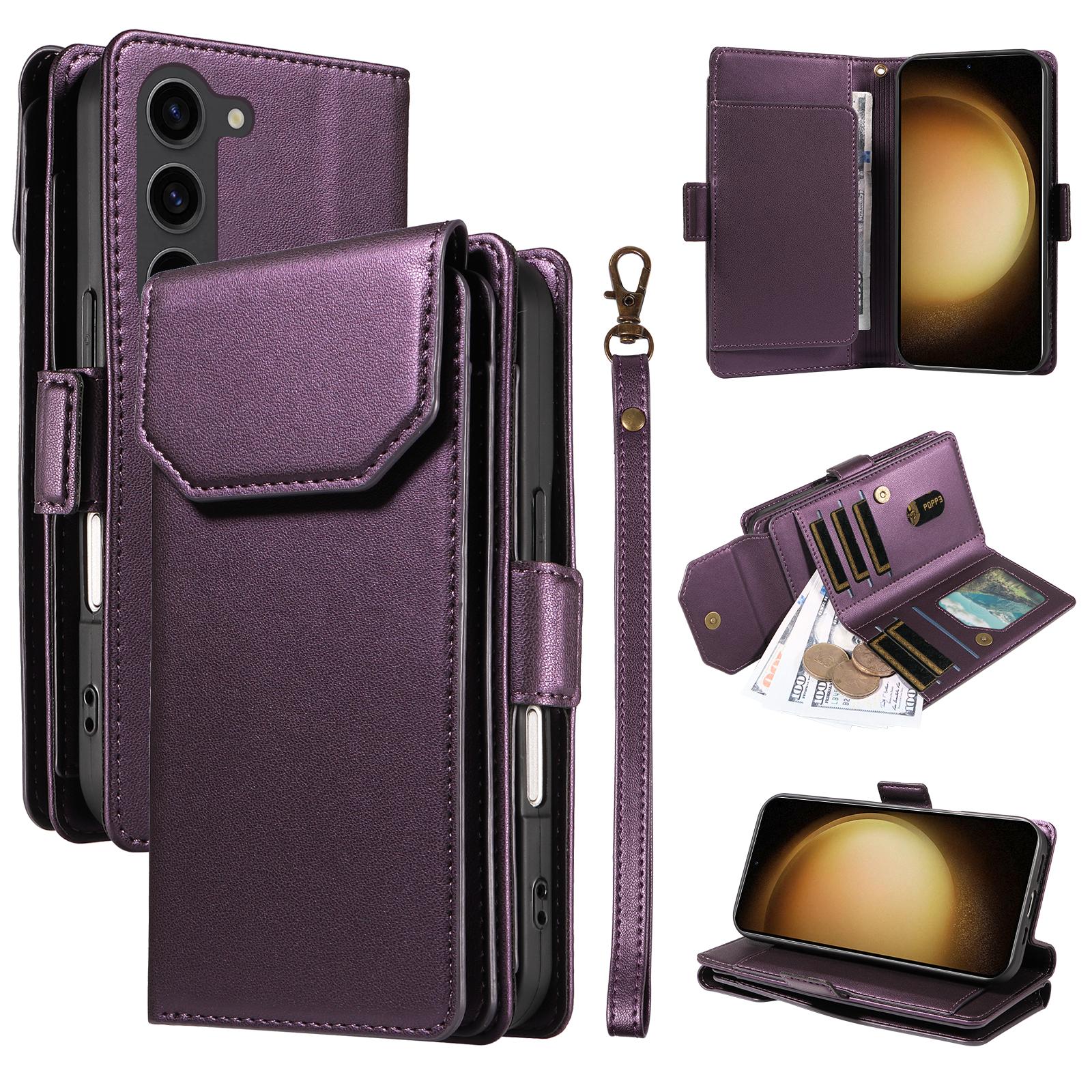 

For Samsung Galaxy S23+ Case with Multi-Card Holder and Strap PU Leather Phone Cover Stand Purple