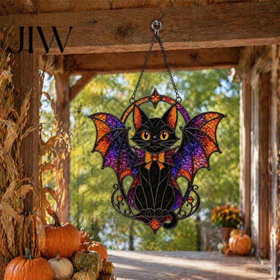 Festival Atmosphere Display Halloween Bat Cat Suncatcher, Stained Glass Style Acrylic Sun Catcher, Gothic Lightweight Hanging Ornament Black for Home