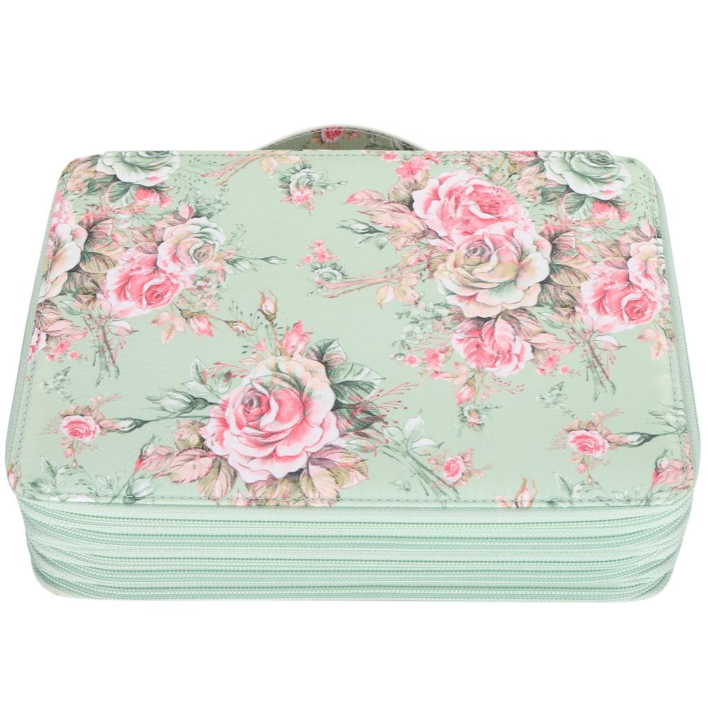 Pencil Case Rose Printed Multi Layer Zipper 252 Slots Portable Pen Holder Storage Pocket(Green Background Rose )