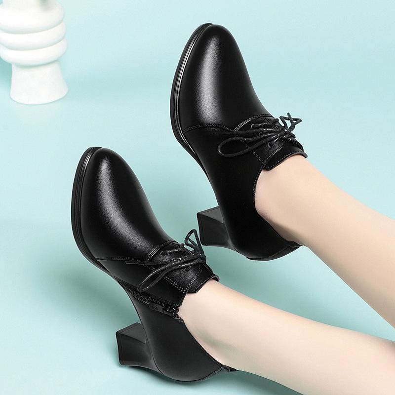 6cm 8cm Deep Mouth Elegant Office Ladies Med Block Heels Shoes Women Oxfords 2025 Spring Trend Soft Leather Shoes Platform