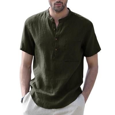 Men's Cross-Border Henley Shirt: European & American Style Cotton Linen Short-Sleeved Solid Color Pocket Shirt