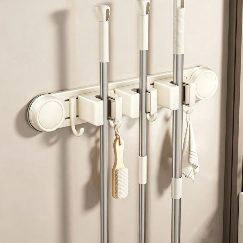 Sliding Rail Cleaning Tool Holder, Wall-Mounted Suction Rack with Integrated Hanging Feature for Mops, Glass and Smooth Tile