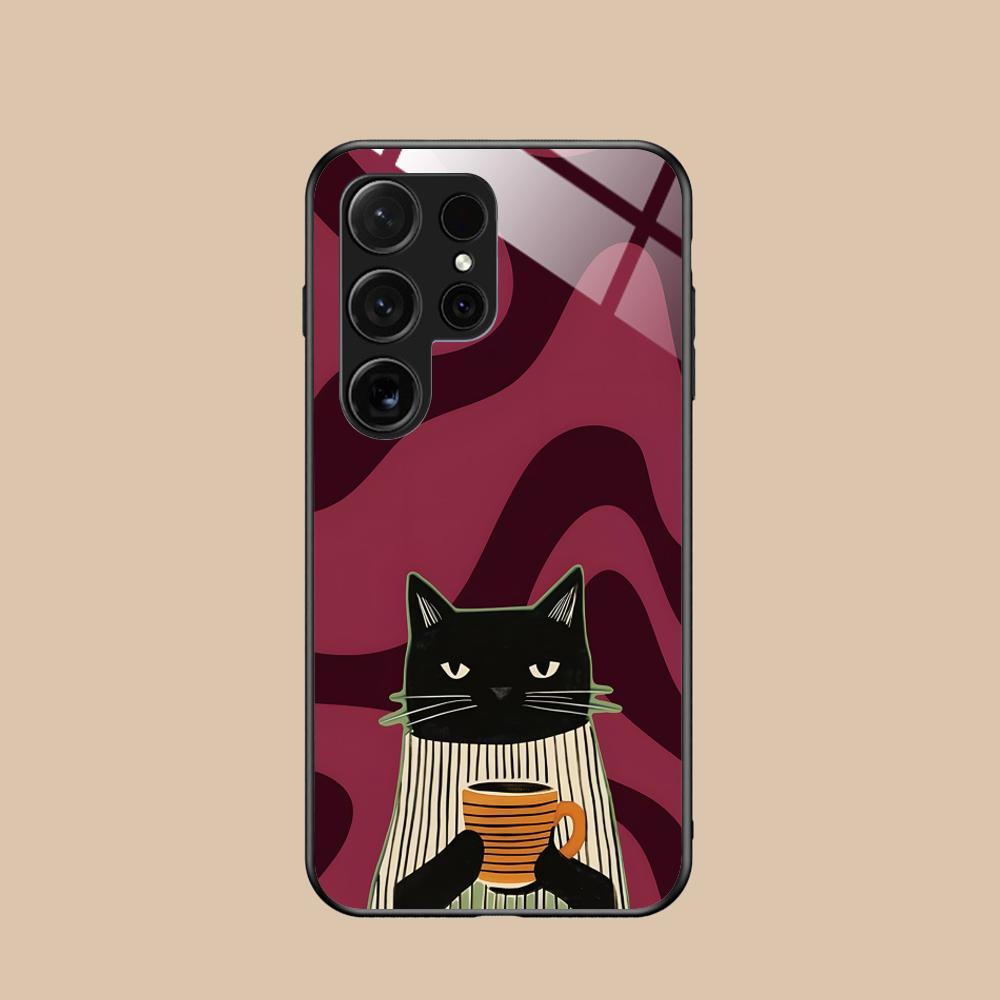 Cute Coffee Cat Glass Mobile Phone Case for Samsung Galaxy S26 S25 S24 S23 S22 S21 S20 Note20 Plus FE Ultra Colorful Cover