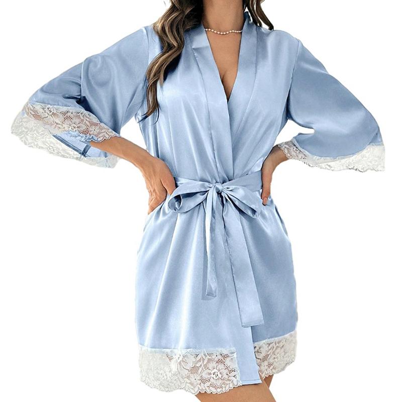 Women's Lace Faux Silk Bathrobe Casual Gown Loungewear