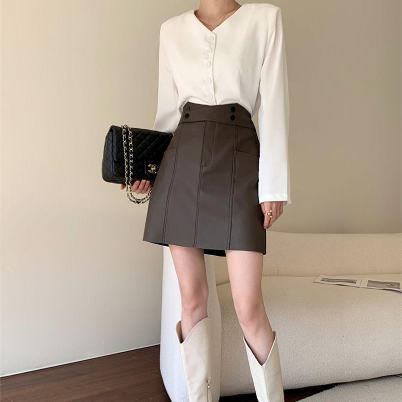 Versatile High-Waisted Slimming Leather Mini Skirt - Autumn/Winter Plus Size Tummy Cover