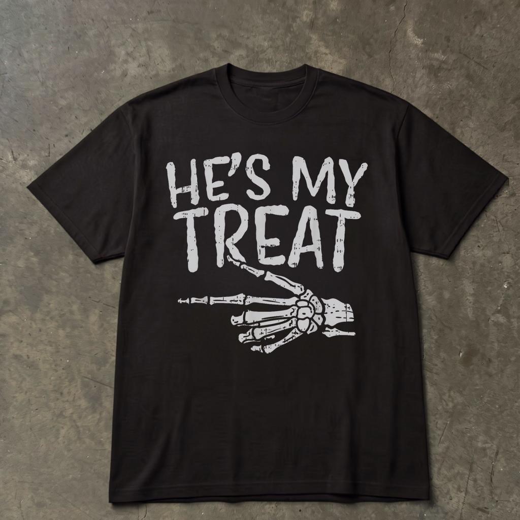He's My Treat Shirt, Funny Skeleton Hand Matching Halloween Couples Tee