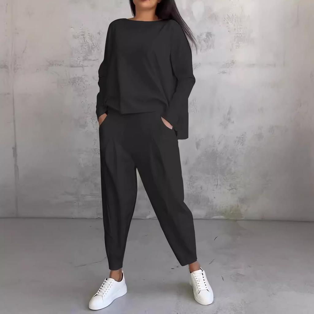 Women's Trousers Suit O-neck Long Sleeve Loose T-shirt Solid Color Trousers Pocket Simple 2-piece Set Loungewear