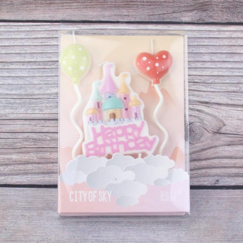 

New Children s Birthday Baking Cake Decoration Cute Cartoon Castle Shape Pink Blue Balloon Candle Plug-in Pink Castle Balloon Candle