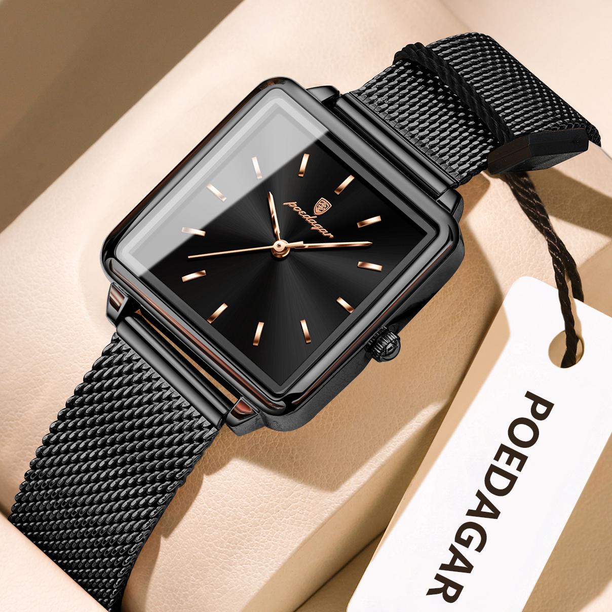 

POEDAGAR Square Fashion Ladies Watch Waterproof Stainless Steel Mesh Watch for Elegant Quartz Watches Female