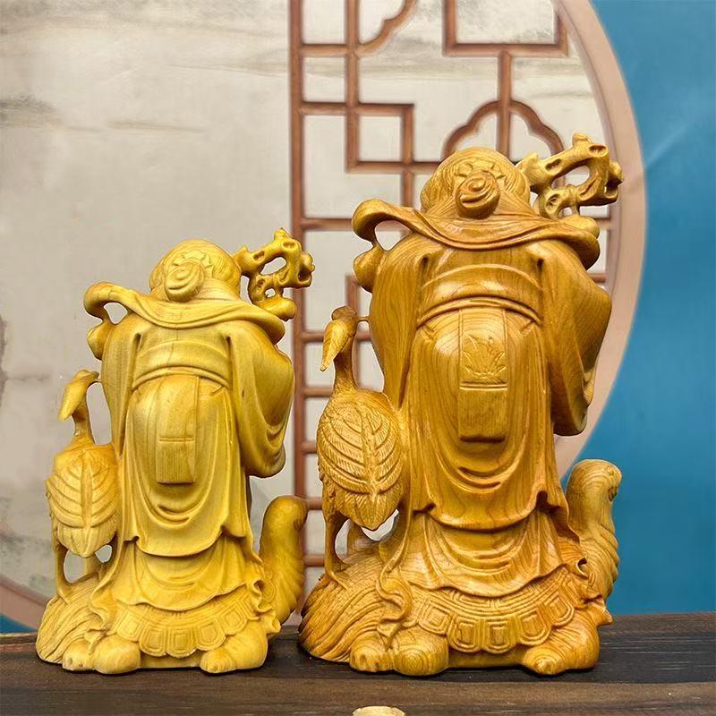 Natural Cypress Riding Turtle Longevity Star sculptures and figurines wood carving  Home Room Office Wealth Luck Feng Shui Decor