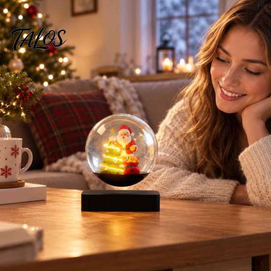 Lighted Christmas Display Centerpiece Magnetic Levitating Santa Claus Tree Ornament with LED Light, Rotating Floating Sleigh for Holiday Parties Glass