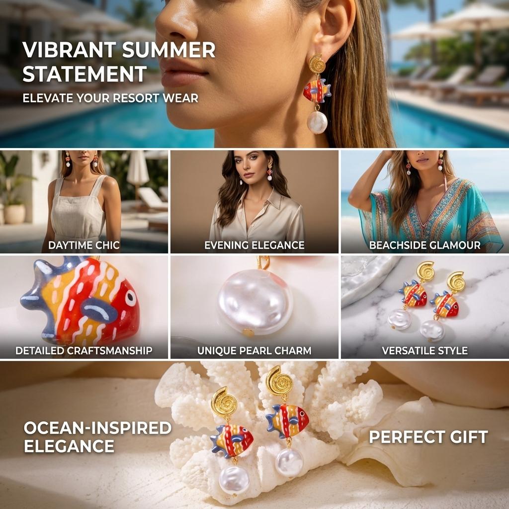 Summer Beach Tropical Ceramic Fish Earrings For Women Gold Plated Metal Conch Shell Baroque Pearl Dangle Earring Party Jewelry
