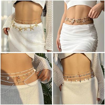 Fashion Bohemian Waist Chain Sea Star Imitation Pearl Body Chain Starfish Shell Pendant Beach Bikini Shell Waist Link for Women