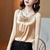 Women's U Neck Sleeveless Satin Tank Top Slim Fit Office Cami Top Beaded Pleated Inner Layering Vest