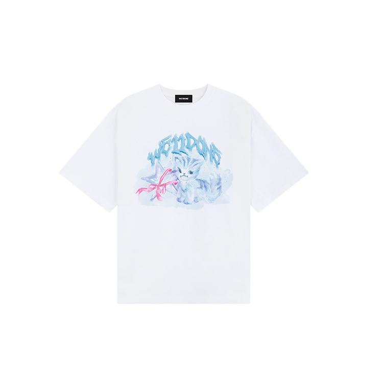 WE11DONE Autumn Winter Cat Short Sleeve T-Shirt Unisex Tops White WD-TT3-25-744-U-WH